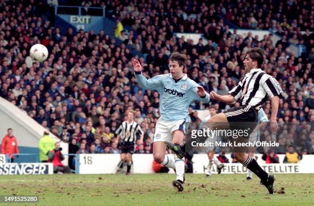 February 1996, Manchester - FA Carling Premiership - Manchester City v Newcastle United - Kit Symons of Manchester City is beaten to the ball by...