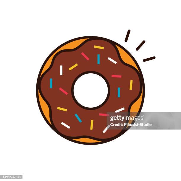 donut with chocolate glaze and multi-colored sugar sprinkles. donut flat logo icon sticker. fast food symbol. - chocolate syrup stock illustrations