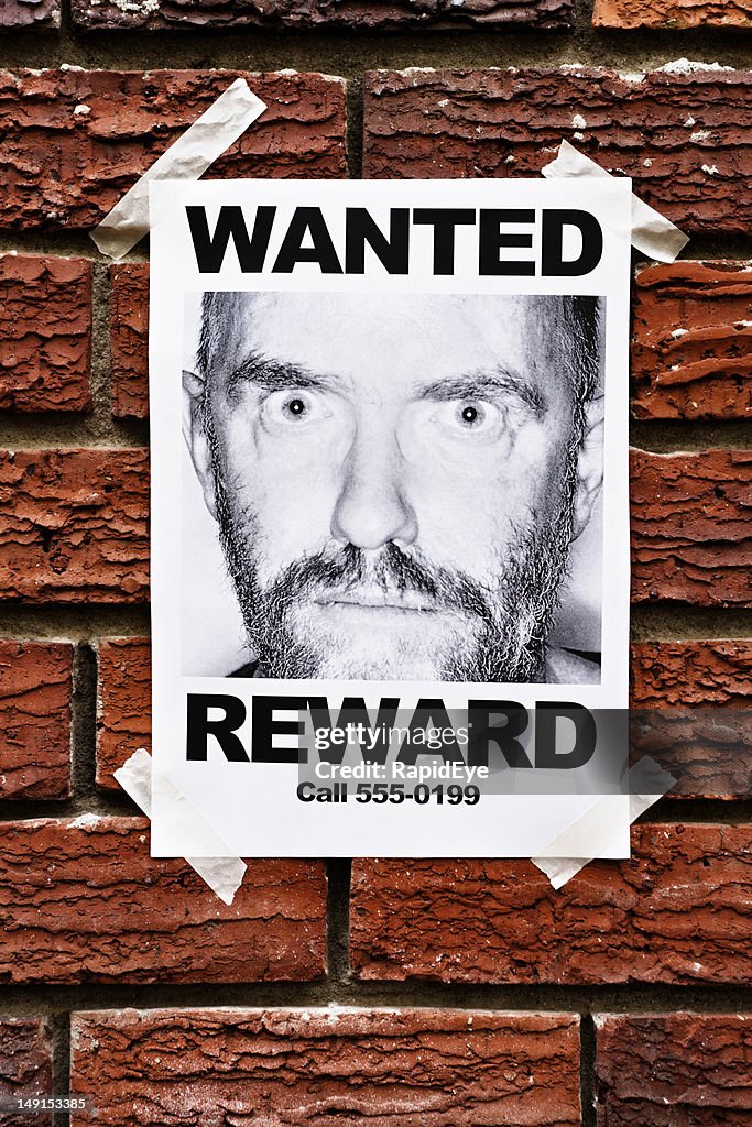 Mental patient or criminal? Wanted poster on brick wall
