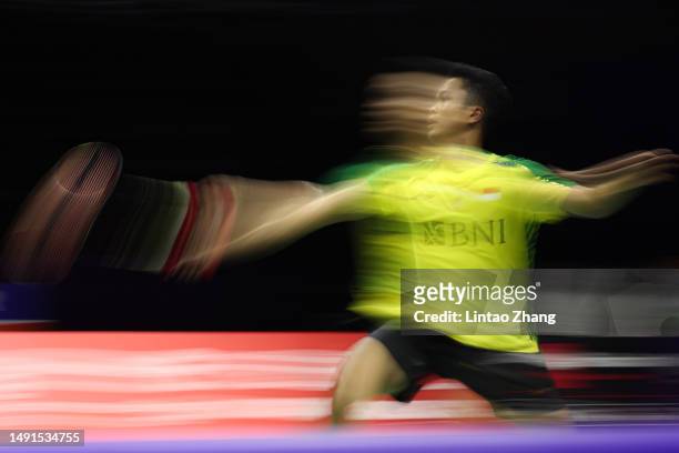 Anthony Sinisuka Ginting of Indonesia competes in the Men's Singles Quarter Finals match against Shi Yuqi of China during day six of the Sudirman Cup...
