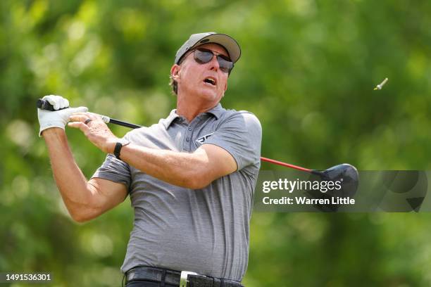 Phil Mickelson of the United States plays his shot from the fourth tee during the second round of the 2023 PGA Championship at Oak Hill Country Club...