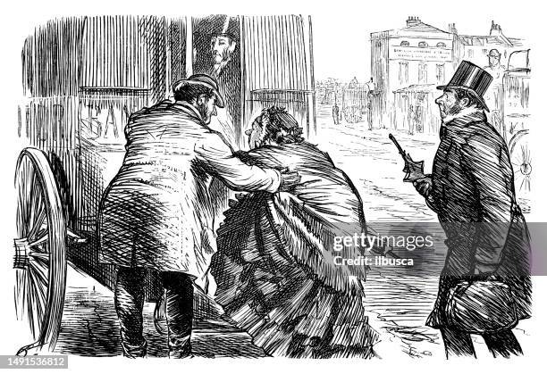 british satire caricature comic cartoon illustration - getting in train stock illustrations