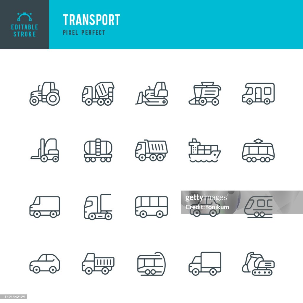 TRANSPORT - Satz von linearen Vektorsymbolen. Pixelgenau. Bearbeitbarer Strich. Das Set enthält einen gewerblichen Transport, ein Auto, einen Bus, eine U-Bahn, einen Bagger, eine Planierraupe, einen Traktor, einen Zementlastwagen, einen Muldenkipper, eine