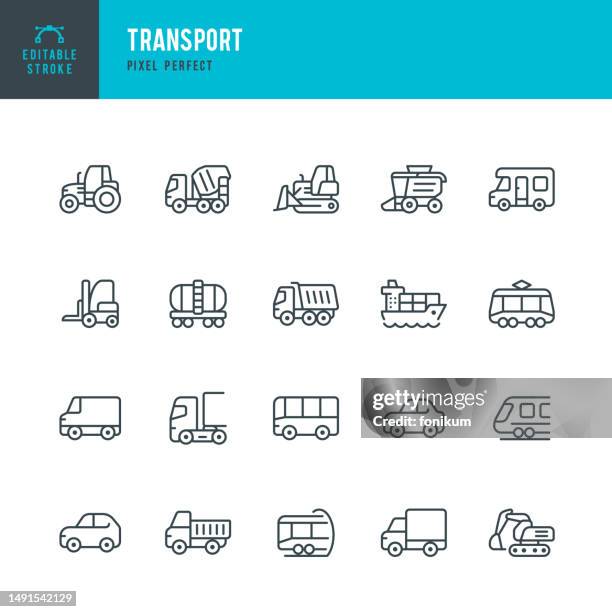 ilustraciones, imágenes clip art, dibujos animados e iconos de stock de transport - conjunto de iconos lineales vectoriales. pixel perfecto. trazo editable. el conjunto incluye un transporte comercial, automóvil, autobús, tren subterráneo, retroexcavadora, excavadora, tractor, camión de cemento, camión volquete, carretill - camión-de-descarga