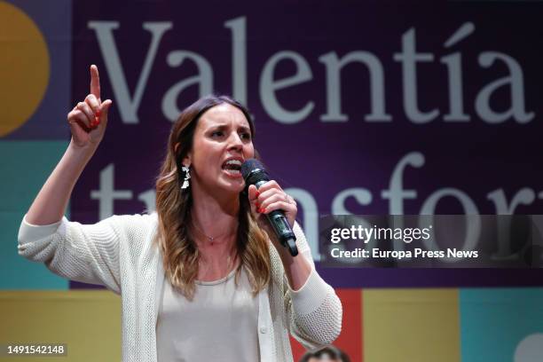 The Minister of Equality, Irene Montero, speaks during a central campaign event of Unidas Podemos, at the Pupa Clown Theater, on 19 May, 2023 in...