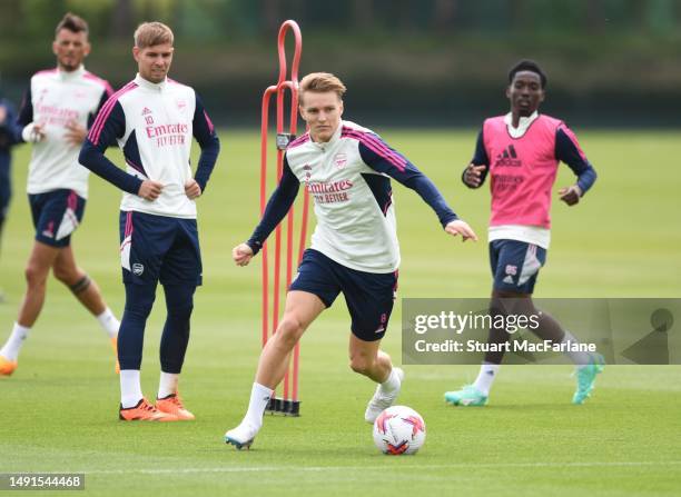 Martin Odegaard of Arsenal during a training session at London Colney on May 19, 2023 in St Albans, England.