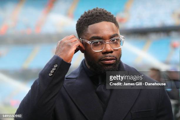 Pundit Micah Richards during the UEFA Champions League semi-final second leg match between Manchester City FC and Real Madrid at Etihad Stadium on...