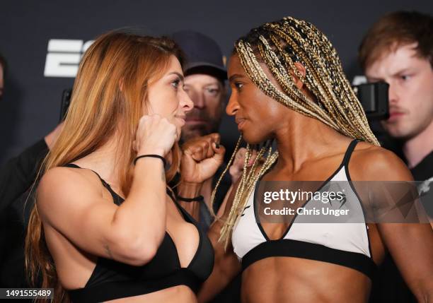 Opponents Mackenzie Dern and Angela Hill face off during the UFC weigh-in at Santa Fe Station Hotel and Casino on May 19, 2023 in Las Vegas, Nevada.