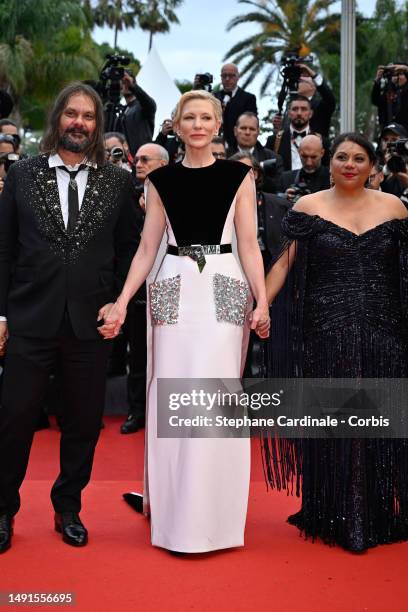 Director Warwick Thornton, Cate Blanchett and Deborah Mailman attend the "The Zone Of Interest" red carpet during the 76th annual Cannes film...