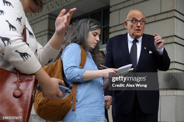 Former New York City Mayor and former personal lawyer for former President Donald Trump, Rudy Giuliani, talks to members of the press before he...