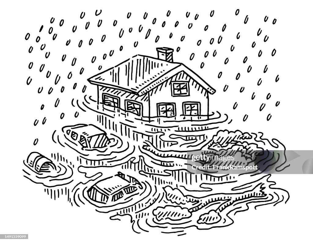Flood Drawind Heavy Rain Flooding Disaster Drawing High-Res Vector Graphic - Getty Images