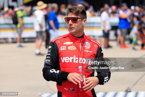 Will Power, driver of the Verizon Team Penske Chevrolet, is introduced before the NTT IndyCar GMR Grand Prix at Indianapolis Motor Speedway on May...