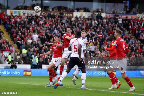 Liam Kitching of Barnsley scores the team's first goal during the Sky Bet League One Play-Off Semi-Final Second Leg match between Barnsley and Bolton...