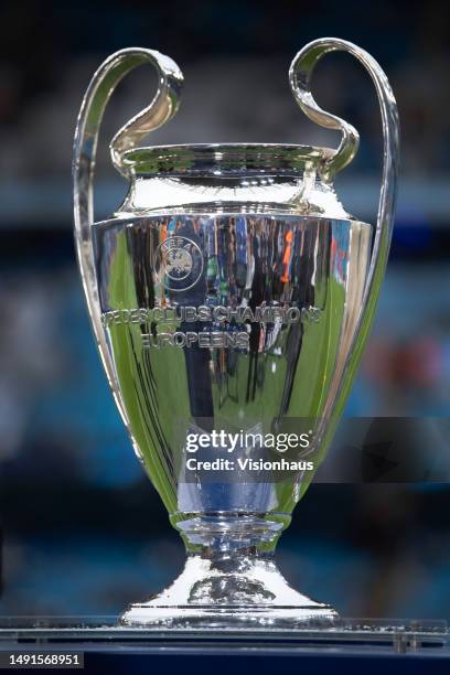 The UEFA Champions League trophy on display before the UEFA Champions League semi-final second leg match between Manchester City FC and Real Madrid...