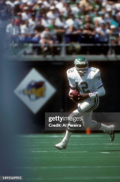 Quarterback Randall Cunningham of the Philadelphia Eagles rolls out in the game between the Tampa Bay Buccaneers vs the Philadelphia Eagles on...