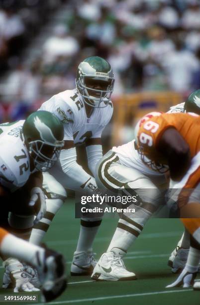 Quarterback Randall Cunningham of the Philadelphia Eagles calls a play in the game between the Tampa Bay Buccaneers vs the Philadelphia Eagles on...