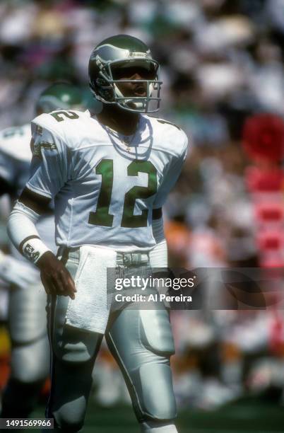 Quarterback Randall Cunningham of the Philadelphia Eagles calls a play in the game between the Tampa Bay Buccaneers vs the Philadelphia Eagles on...