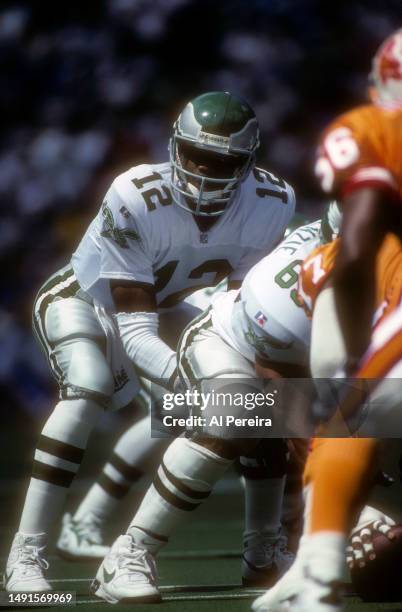 Quarterback Randall Cunningham of the Philadelphia Eagles calls a play in the game between the Tampa Bay Buccaneers vs the Philadelphia Eagles on...