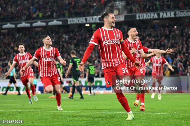 Christian Gunter of SC Freiburg celebrates scoring his teams first goal of the game during the Bundesliga match between Sport-Club Freiburg and VfL...