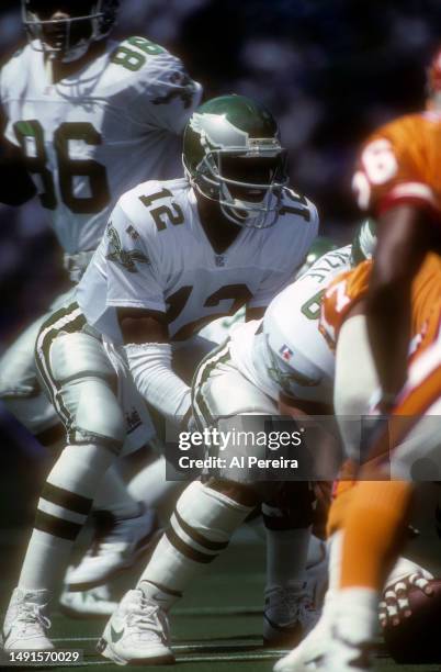 Quarterback Randall Cunningham of the Philadelphia Eagles calls a play in the game between the Tampa Bay Buccaneers vs the Philadelphia Eagles on...