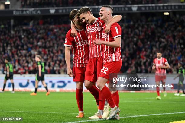 Nils Petersen of SC Freiburg celebrates scoring his teams third goal of the game which was then cancelled leaving the score at 2-0 during the...