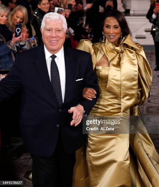 Designer Dennis Basso and Beverly Johnson walk the runway for the Dennis Basso Show during New York Fashion Week: The Shows on February 13, 2023 in...