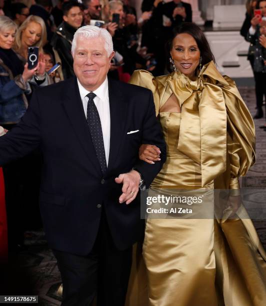 Designer Dennis Basso and Beverly Johnson walk the runway for the Dennis Basso Show during New York Fashion Week: The Shows on February 13, 2023 in...