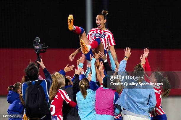 Virginia Torrecilla of Atletico de Madrid reacts as team gives tribute for all the years in the team after the game during Liga F match between...