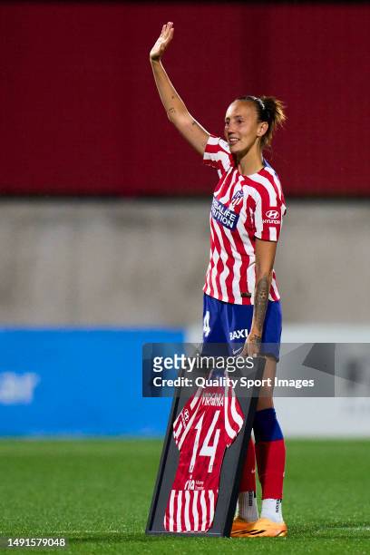 Virginia Torrecilla of Atletico de Madrid reacts as team gives tribute for all the years in the team after the game during Liga F match between...