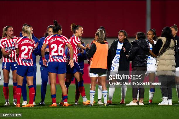 Virginia Torrecilla of Atletico de Madrid reacts as team gives tribute for all the years in the team after the game during Liga F match between...