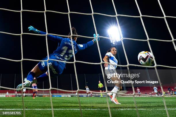 Thais Ferreira of UD Granadilla Tenerife on goal during Liga F match between Atletico de Madrid vandUD Granadilla Tenerife on May 19, 2023 in Alcala...