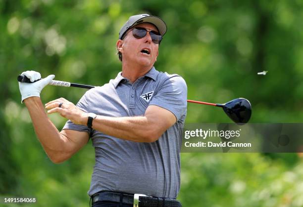 Phil Mickelson of The United States plays his tee shot on the fourth hole during the second round of the 2023 PGA Championship at Oak Hill Country...