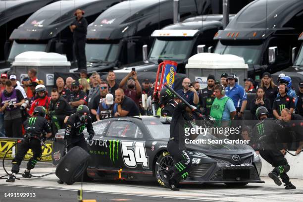 Ty Gibbs, driver of the Monster Energy Toyota, pits during the NASCAR Cup Series All-Star Race Qualifying Pit Crew Challenge at North Wilkesboro...