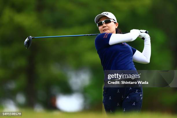 Ayako Uehara of Japan hits her tee shot on the 1st hole during the final round of TWINFIELDS Ladies Tournament at Golf Club Twin Fields on May 20,...