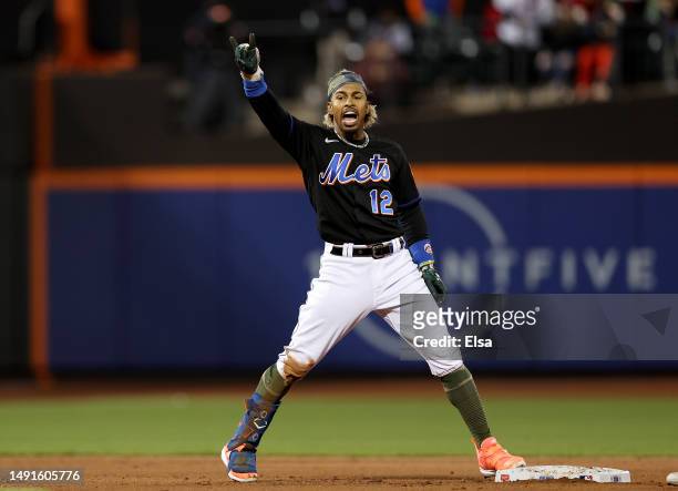 Francisco Lindor of the New York Mets celebrates his double in the fifth inning against the Cleveland Guardians at Citi Field on May 19, 2023 in the...