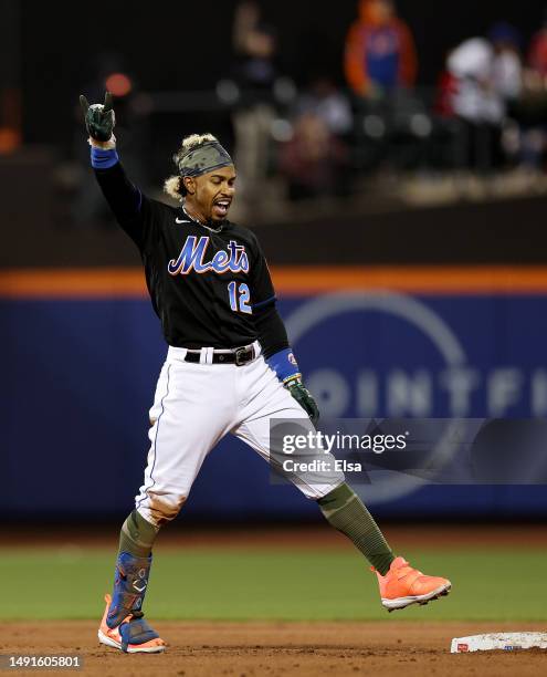 Francisco Lindor of the New York Mets celebrates his double in the fifth inning against the Cleveland Guardians at Citi Field on May 19, 2023 in the...