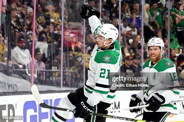 Jason Robertson of the Dallas Stars celebrates after scoring a goal against the Vegas Golden Knights during the first period in Game One of the...