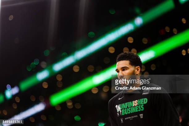 Jayson Tatum of the Boston Celtics warms up prior to facing the Miami Heat in game two of the Eastern Conference Finals at TD Garden on May 19, 2023...