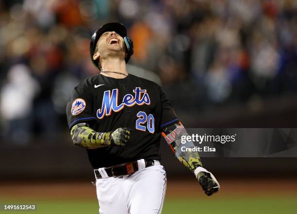 Pete Alonso of the New York Mets celebrates his grand slam in the seventh inning against the Cleveland Guardians at Citi Field on May 19, 2023 in the...