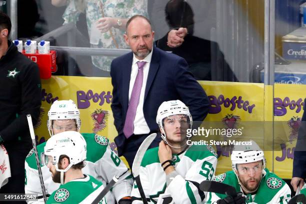 Head coach Peter DeBoer of the Dallas Stars looks on during the first period against the Vegas Golden Knights in Game One of the Western Conference...