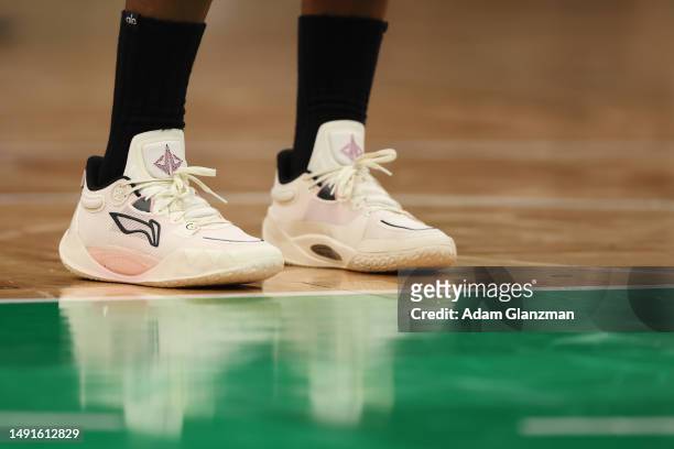 The shoes of Jimmy Butler of the Miami Heat ares seen against the Boston Celtics during the second quarter in game two of the Eastern Conference...
