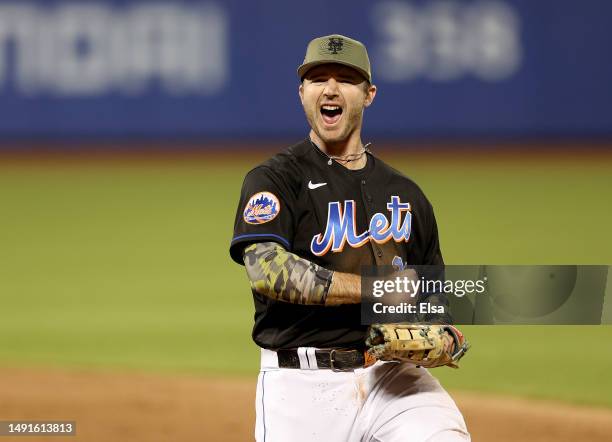 Pete Alonso of the New York Mets celebrates after getting the final out of the ninth inning against the Cleveland Guardians at Citi Field on May 19,...