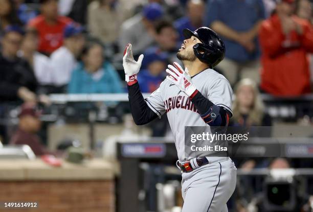 Gabriel Arias of the Cleveland Guardians celebrates his two run home run in the 10th inning against the New York Mets at Citi Field on May 19, 2023...