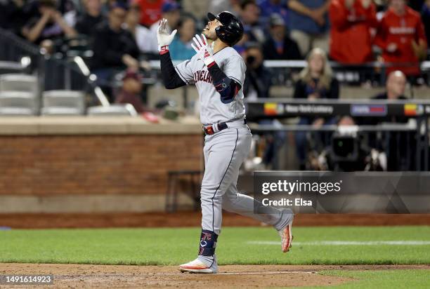 Gabriel Arias of the Cleveland Guardians celebrates his two run home run in the 10th inning against the New York Mets at Citi Field on May 19, 2023...