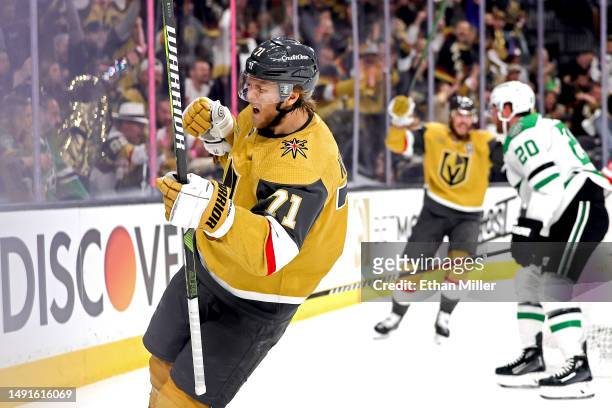 William Karlsson of the Vegas Golden Knights celebrates after scoring a goal against the Dallas Stars during the second period in Game One of the...