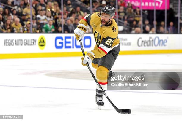 Alec Martinez of the Vegas Golden Knights attempts a shot against the Dallas Stars during the second period in Game One of the Western Conference...