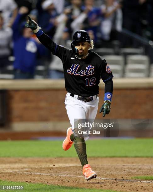 Francisco Lindor of the New York Mets celebrates as he drives in the game winning run in the 10th inning against the Cleveland Guardians at Citi...