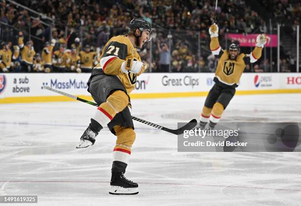 William Karlsson of the Vegas Golden Knights celebrates after scoring a goal during the third period against the Dallas Stars in Game One of the...