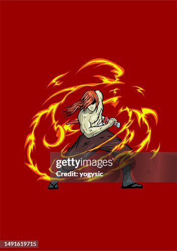 Vector Anime Samurai Fighting Ready Stance with Flame Effects Stock Illustration Vector Anime Samurai Fighting Ready Stance with Flame Effects Stock Illustration