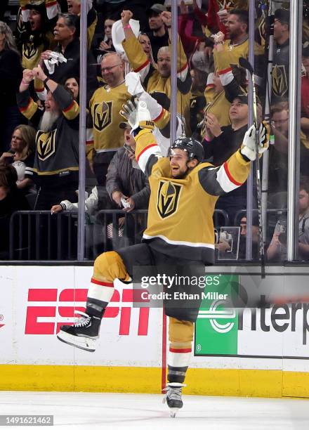 Teddy Blueger of the Vegas Golden Knights celebrates after scoring a goal against the Dallas Stars during the third period in Game One of the Western...